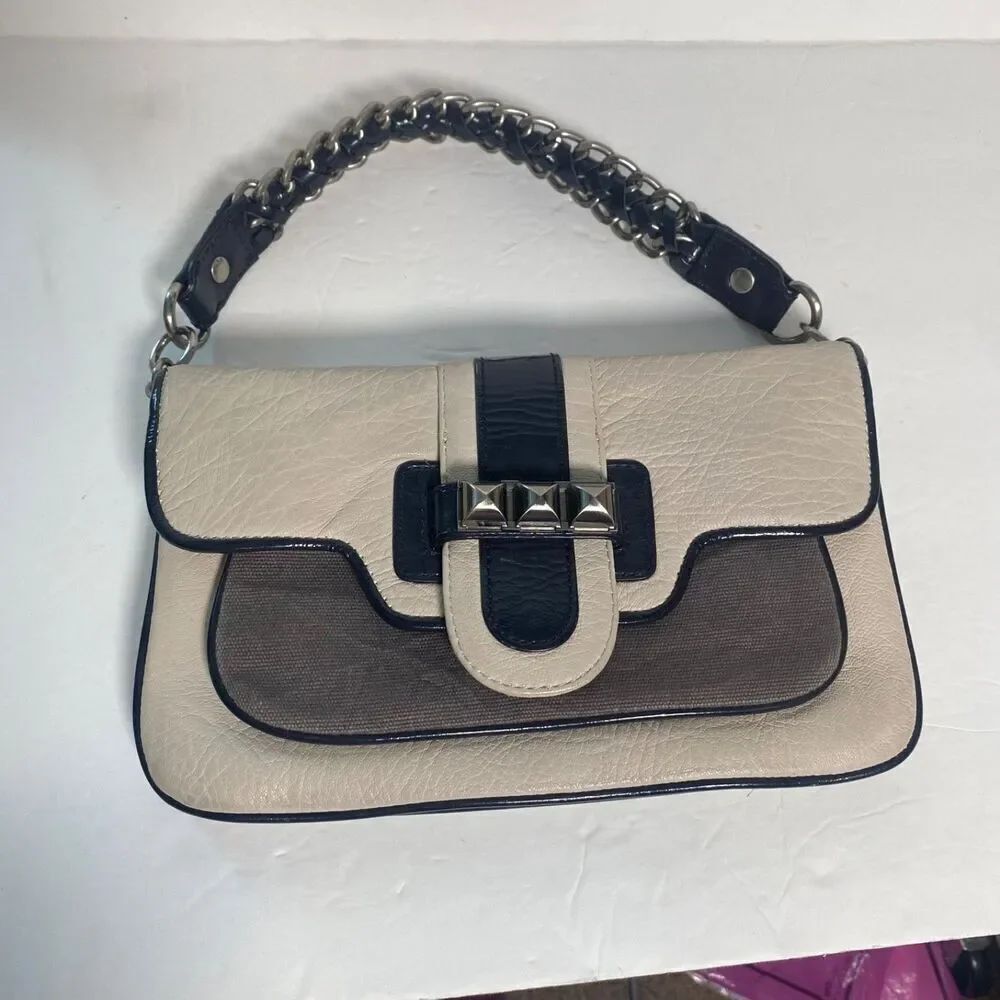 BCBGMAXAZRIA Chain Handle Shoulder Bag Beige & Black Faux Leather Stud Detail